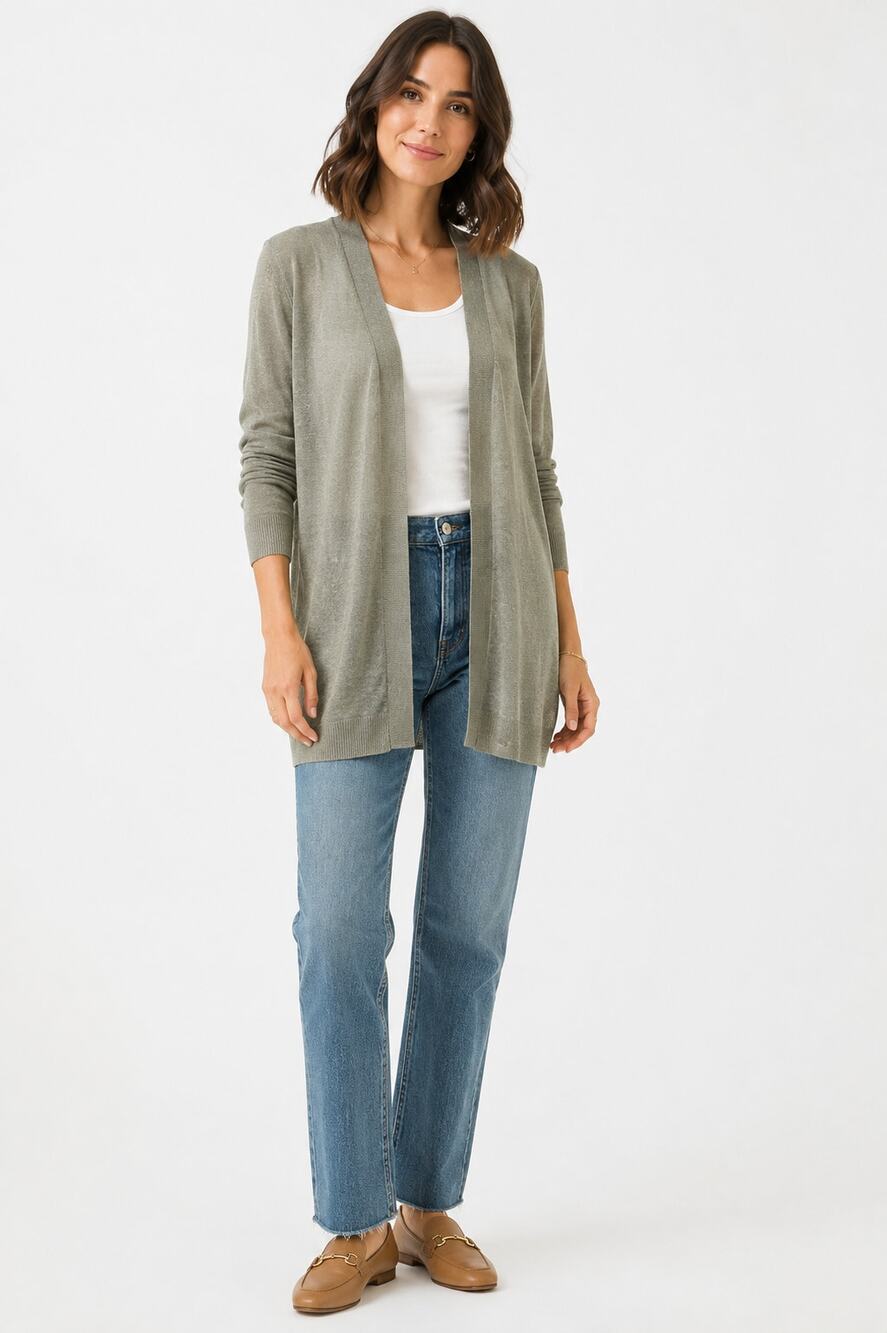 NWT Nic + Zoe Linen Blend Open Front Long Cardigan Olive Green Medium M